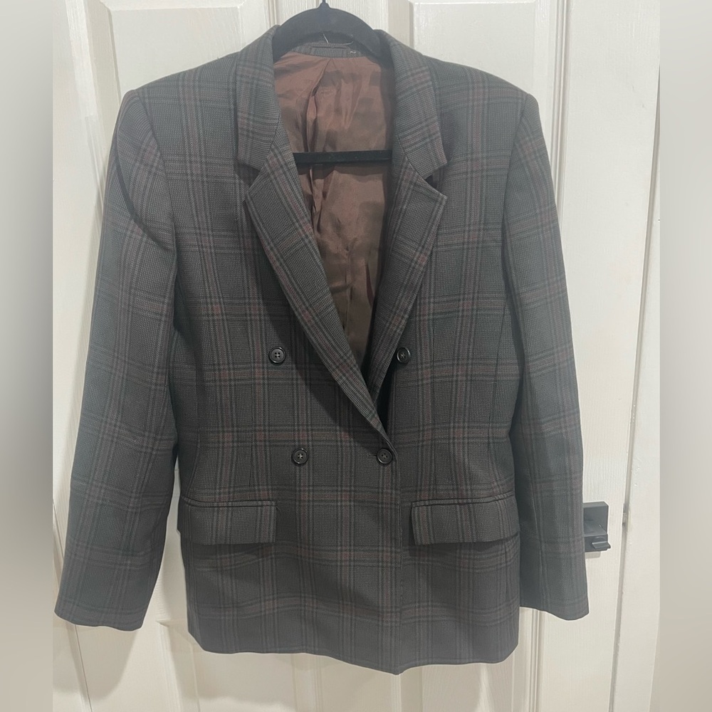 MaxMara plaid wool blazer size 10 brown and maroon